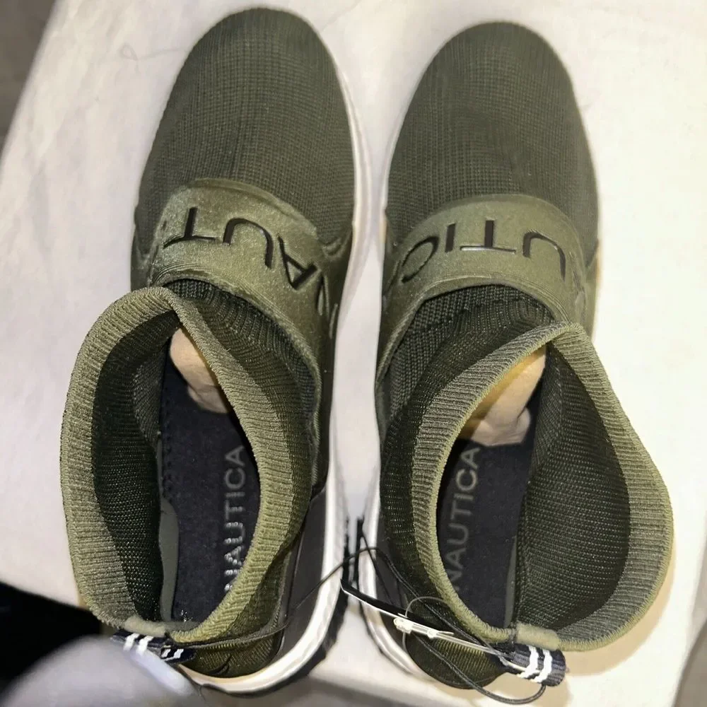 Nautica‎ Olive Green Sock-Style Sneakers with White Sole Athletic Comfort Shoes